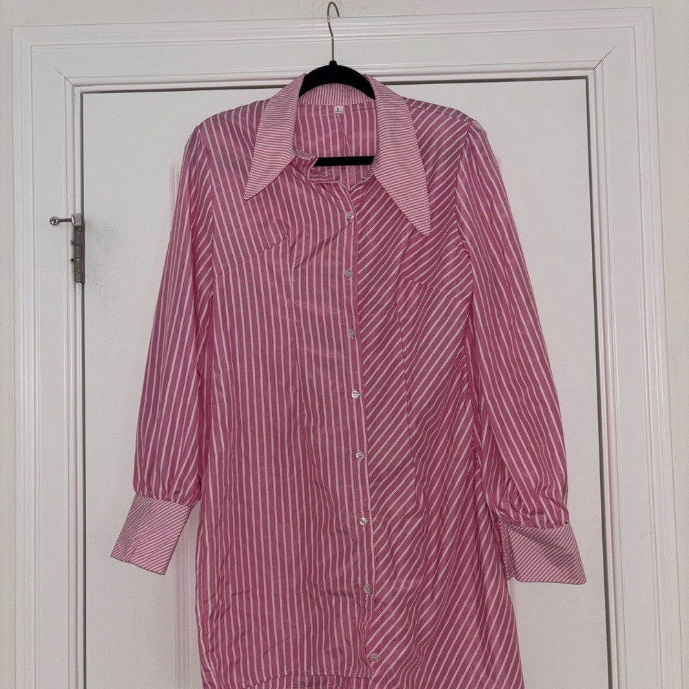 Pink & White Striped Button-Up Shirt Dress - Picture 5 of 9